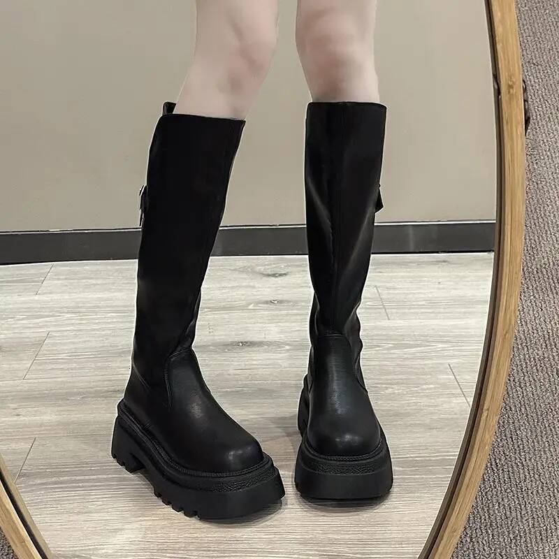 Ddmyoutdoor Women Platform Knee High Female Thick Bottom Wedge Heels Punk Boots Ladies Autumn Winter PU Leather Motorcycle Botas Mujer Outdoor Shoes