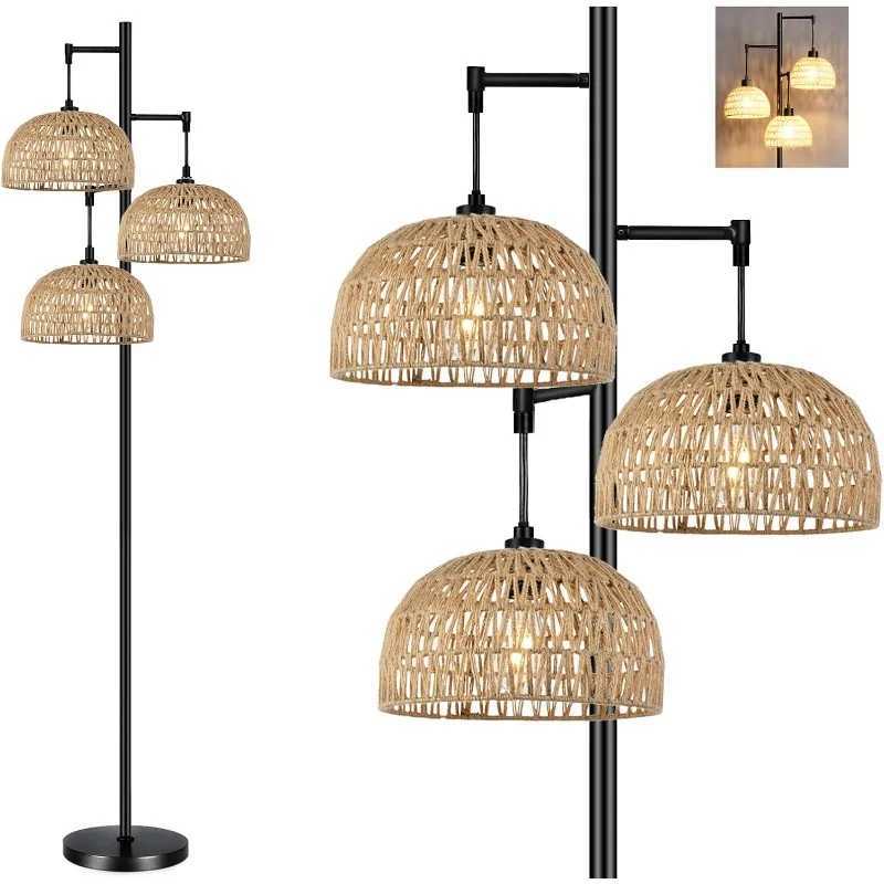 Floor Lamp for Living Room Bedroom 3-Lights Boho Rattan Floor Lamps Tree Farmhouse Industrial Black Standing W250607