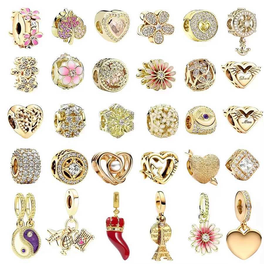 New Gold plated Sparkling Leveled Hearts Hot Air Balloon Dangle Charm Bead Fit Original Silver European 925 Bracelet Jewelry Gift XJ250607