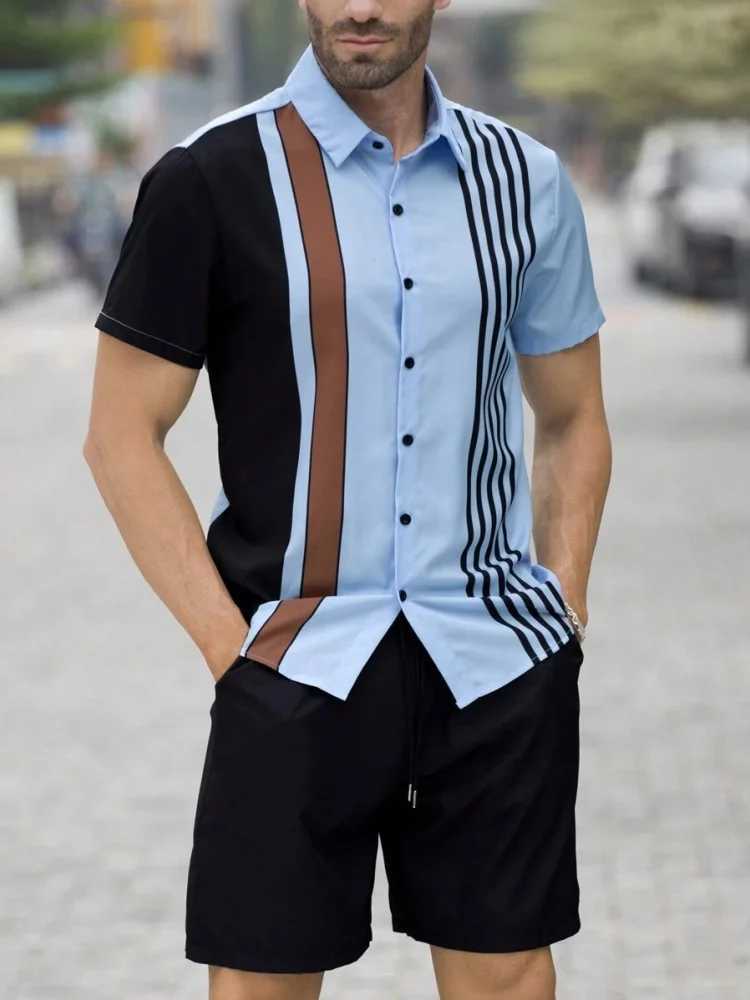 2025 New Summer Mens Short Sleeve Shirt Hawaiian Fashion Beach Shorts Patchwork Stripe Print Mens Casual Shirt Shorts Set W250609