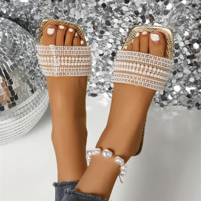 summer fashionable sexy light casual womens shoes large size comfortable square head pearl decoration solid color flat slippers 250603