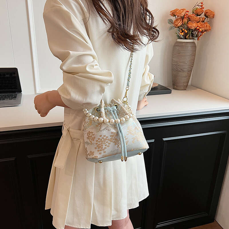 Chinese Style National Trend Bucket for Women, New Beaded Handheld Shoulder Bag, Elegant Versatile Trendy Chain Crossbody Bag