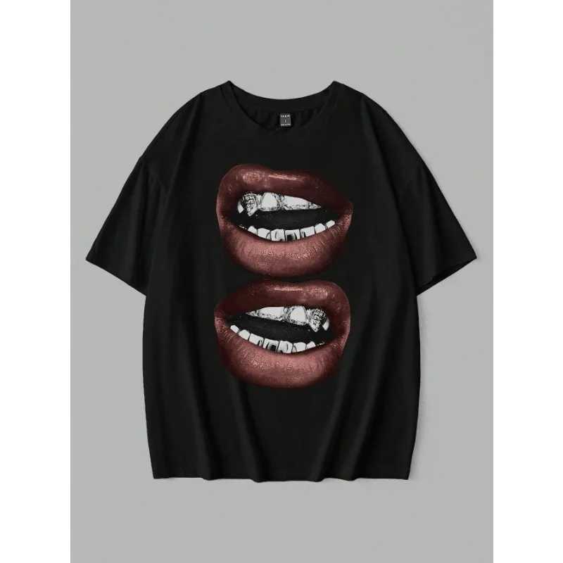 Lips Pattern Printed Womens T-Shirt Round Neck Short Sleeve Casual Harajuku Loose Comfortable Cotton T-Shirt Y2K Tops X250607