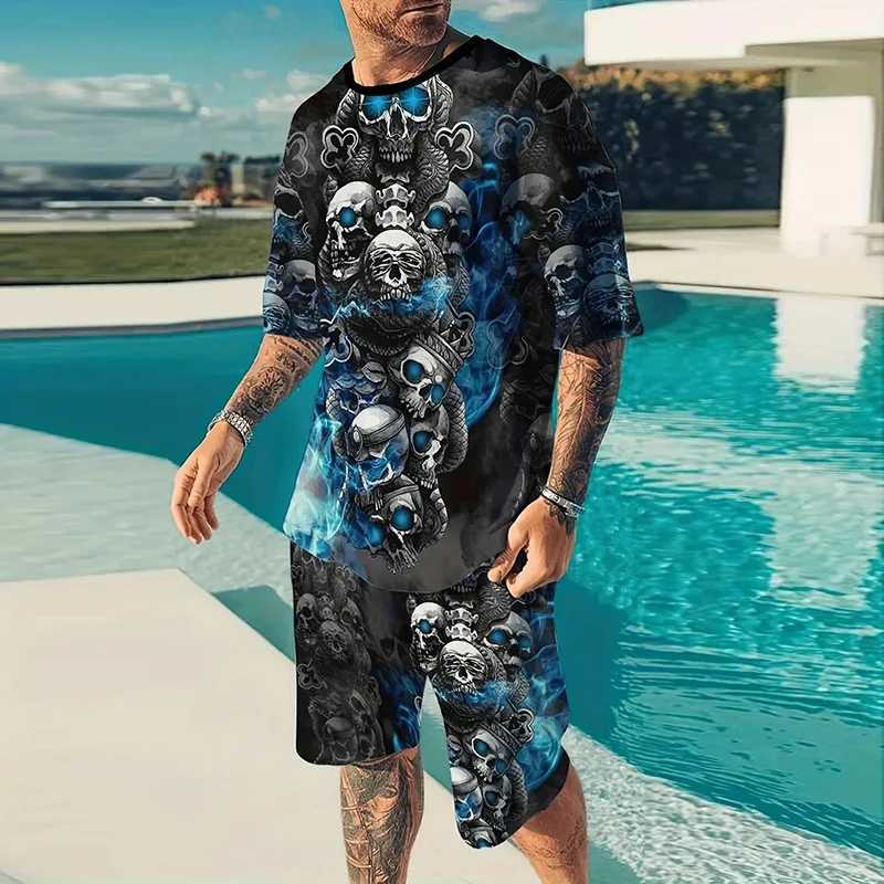 2024 Mens Suit Printed 3D Skull Pattern Oversized Mens Shirt Y2K Style T-Shirt Shorts Summer Leisure Sports Mens Running Suit W250609