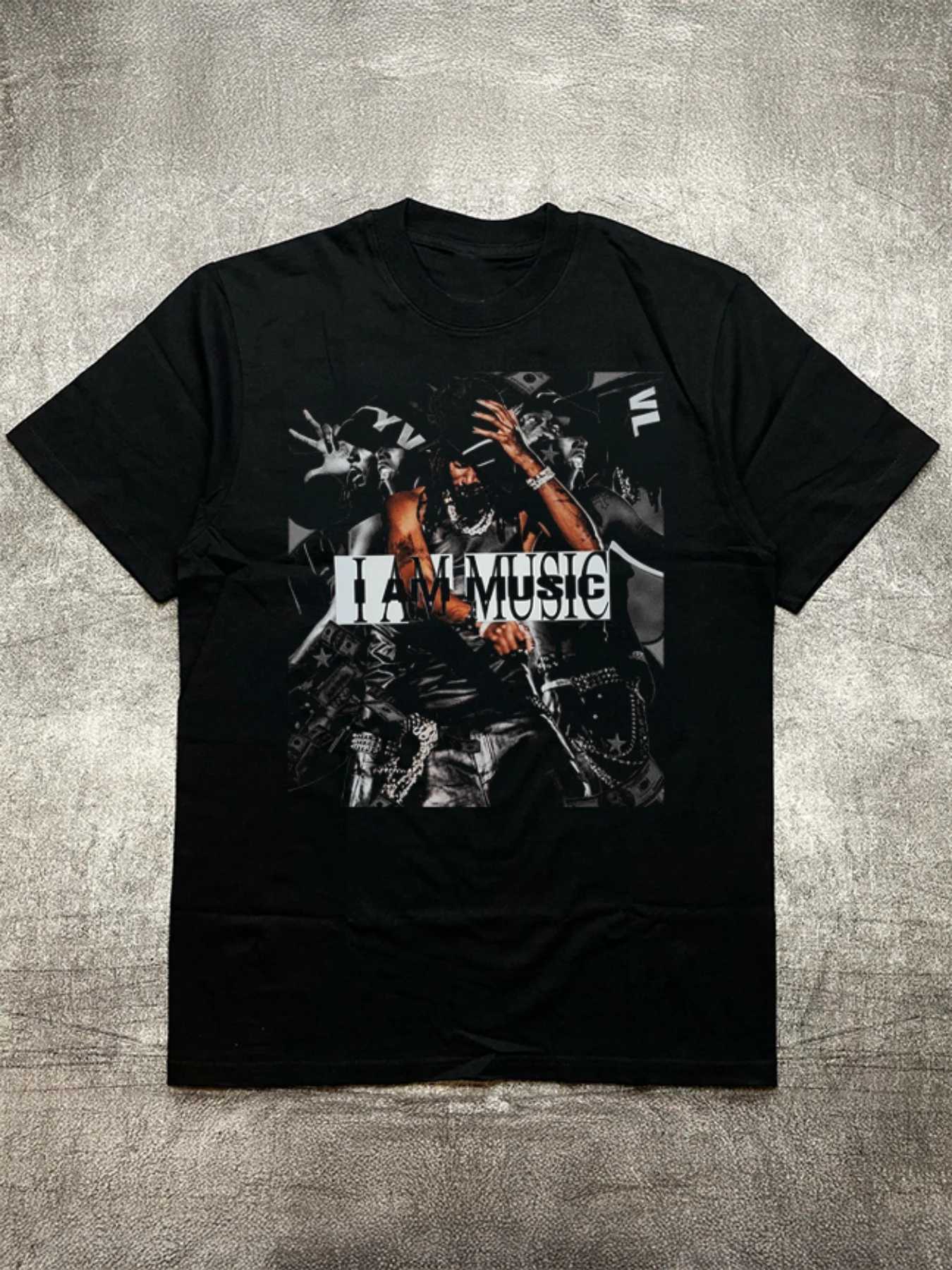 Mens Black Crew - Neck 200g Cotton Short - Sleeves T - Shirt with Music-Themed Trendy Heat Transfer X250607