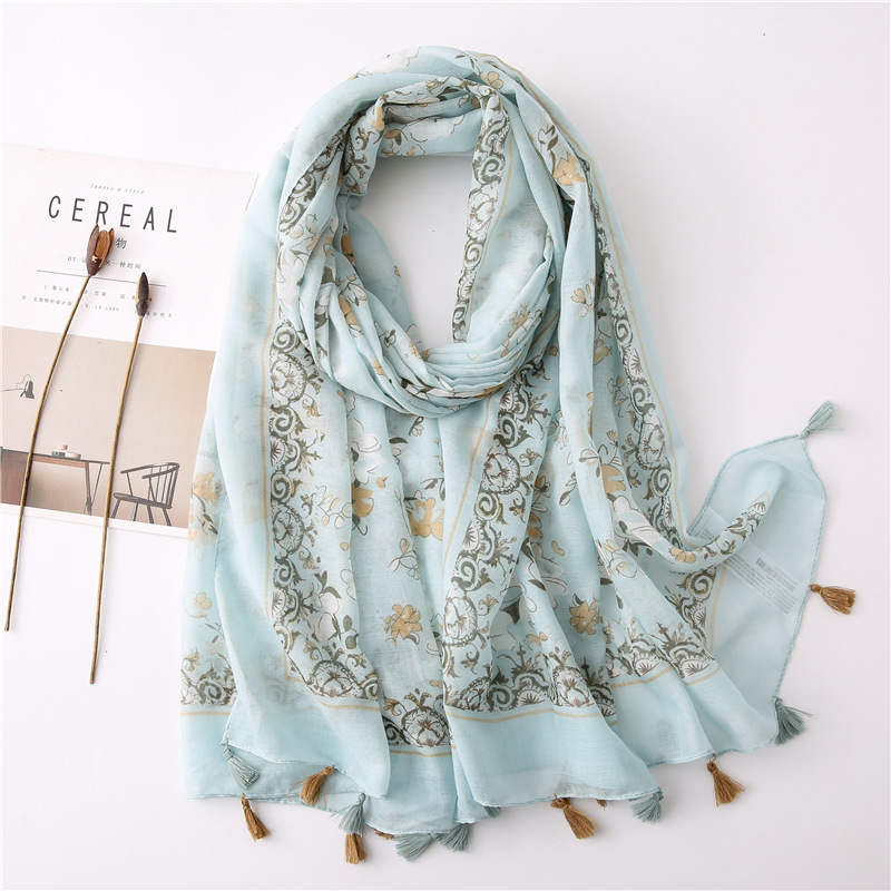 K950 Spring and summer cotton and linen ethnic style travel seaside vacation sunscreen scarf blue small flower print silk scarf beach towel female