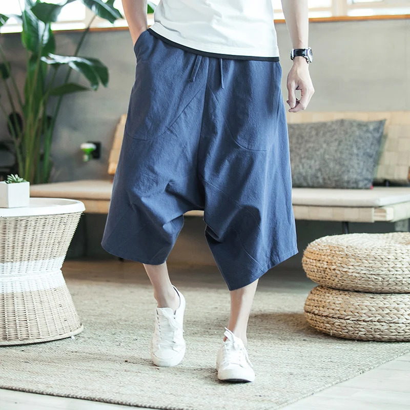 Men Harajuku Harem Pants Mens Summer Cotton Linen Joggers Pants Male Vintage Chinese Style Soild Color Calf-lenght Trousers 250605
