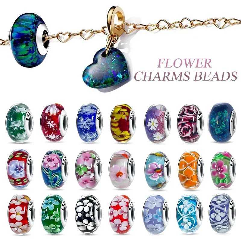Sterling Silver 925 Flower Charms Original Glass Bead Colored Murano Fit Bracelet for Women DIY Fine Jewelry Gifts XJ250607