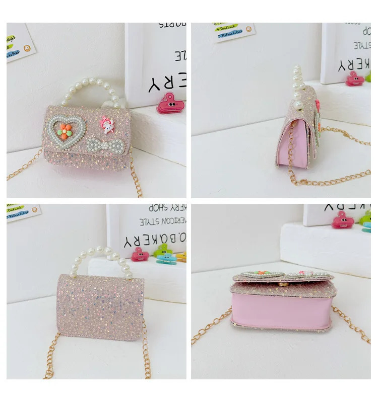 Pearl Beaded Childrens Small Square Shoulder Bag Sweet Bow Sequin Girls Messenger Bags Lovely Princess Handbags Accessories 250605