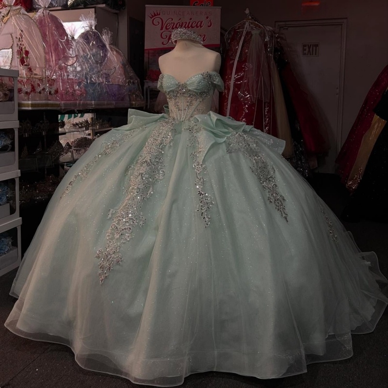 Mint Green Shiny Quinceanera Dresses Ball Gown Off The Shoulder Applique Lace Bow Beads Tull Sweet 16 Dress Vestidos 15 De Anos