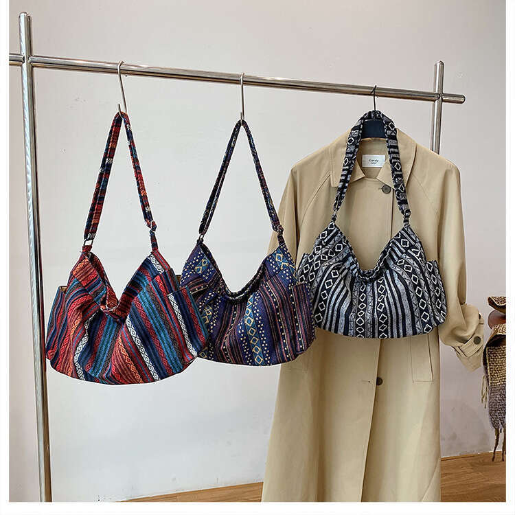 Large Capacity Ethnic Style Crossbody Women Fashion Printed Knitted Fabric Shoulder Casual Trendy Tote Bag for Going Out