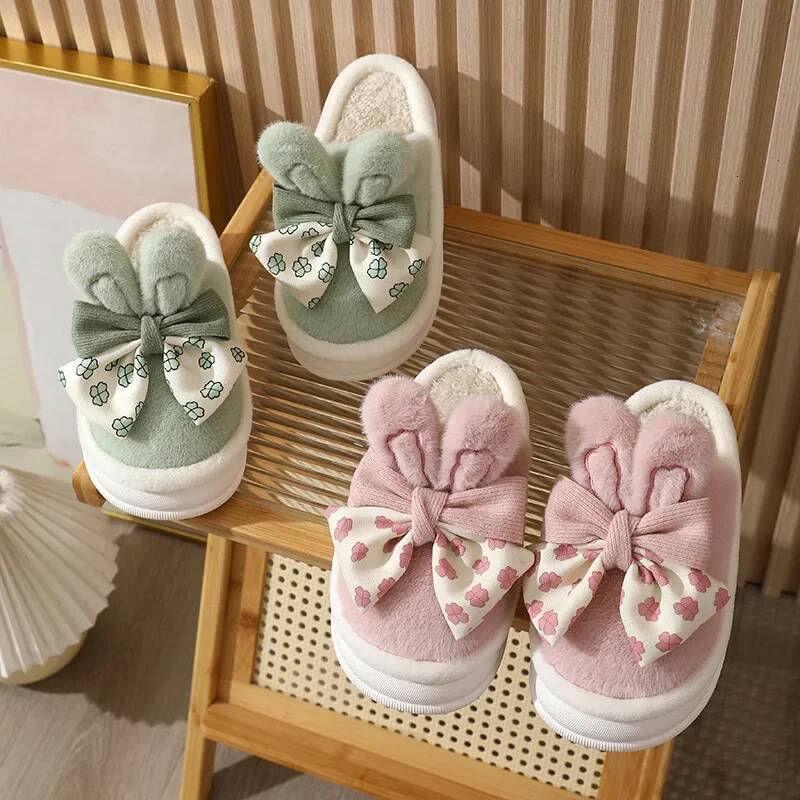 Ddmyoutdoor Women Winter Warm Bows Slippers Female Indoor Fluffy Cotton Shoes New Couple Plush Comfort Soft Sole House Slides Beach outdoor shoes