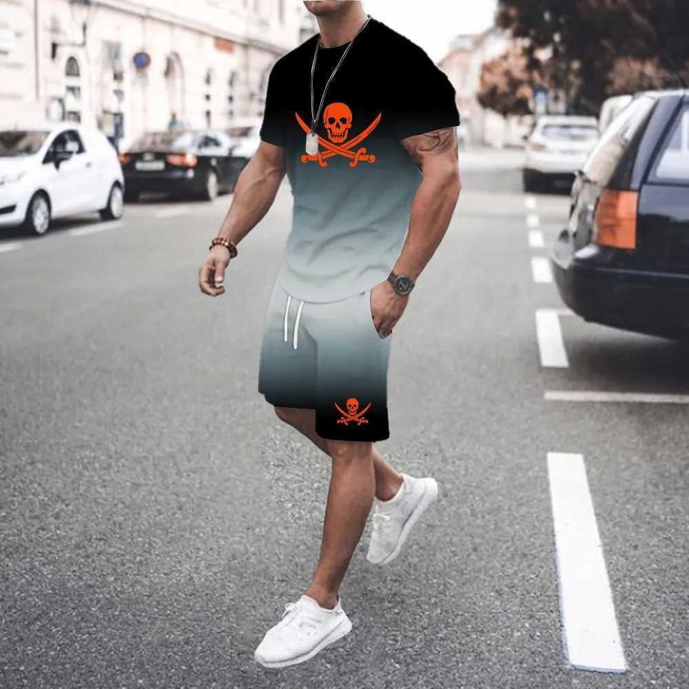 Summer fashion T-shirt+shorts 2-piece set for mens casual fitness jogging sportswear hip-hop breathable short sleeve set W250609