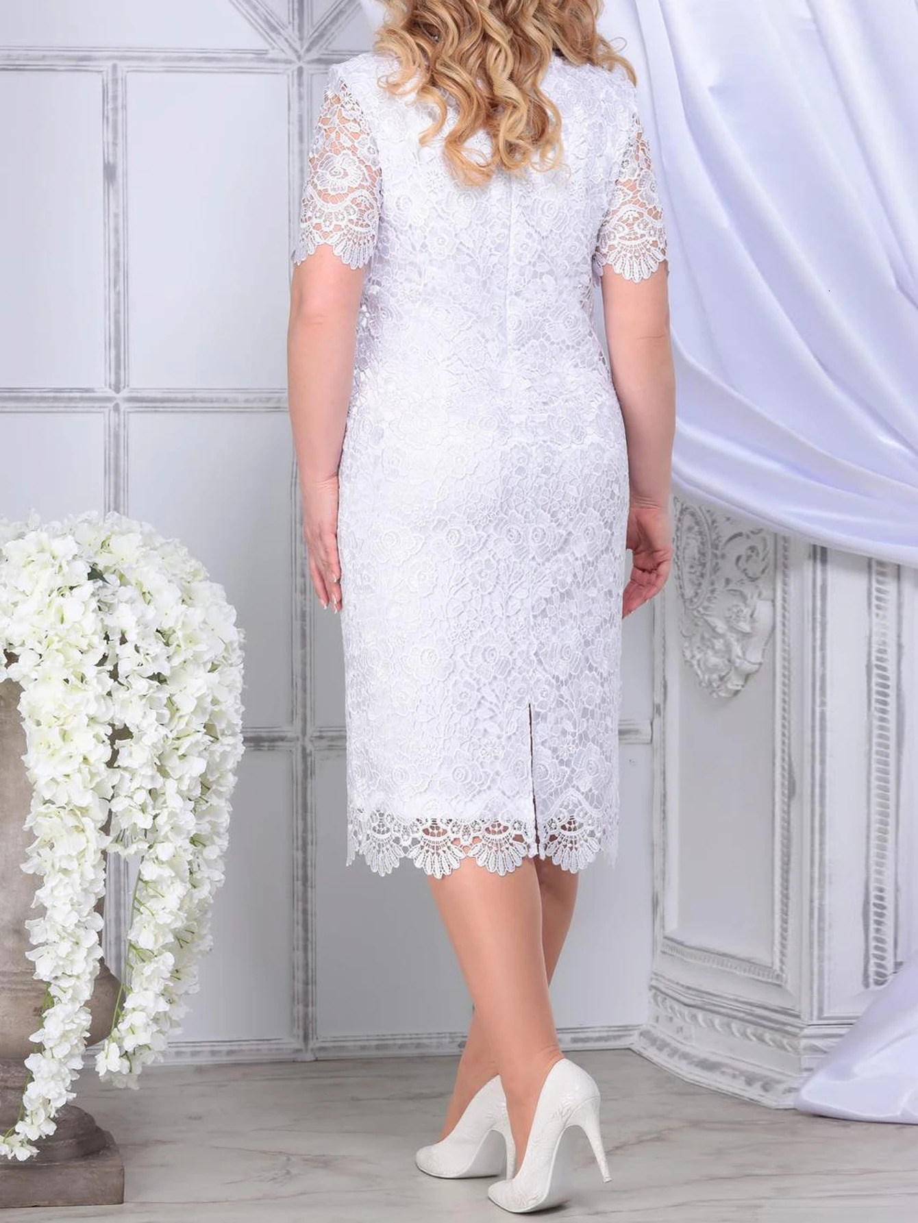 Plus Size Elegant Party Dresses White Woman Summer Embroidery Floral Wedding Guest Slim Pencil Midi Dress Vestidos 250526