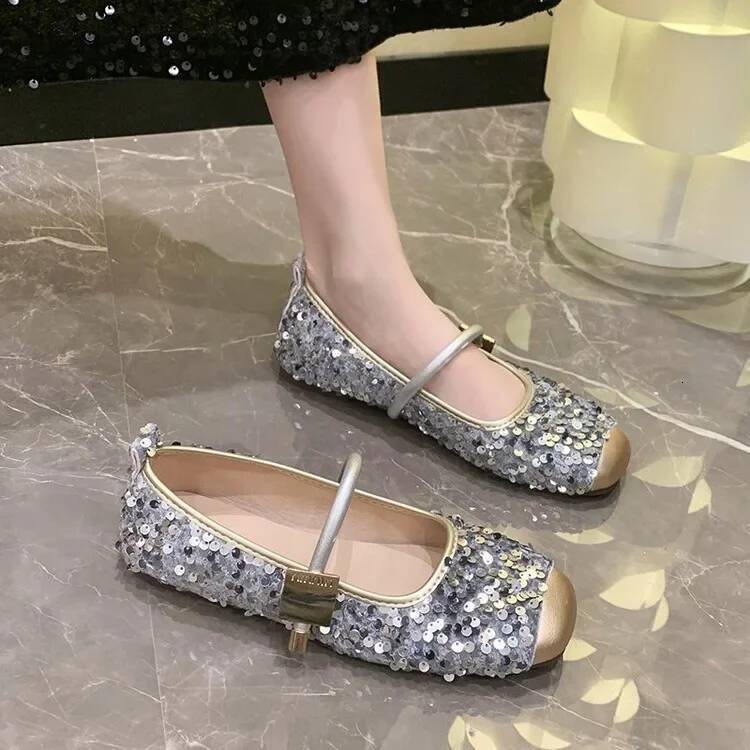 ddmyoutdoor Elegant Fashion Sequin Mary Jane For Women Spring Flat Ankle Strap Woman Comfort Low Heels Single Shoes Outdoor Outdoor Shoes
