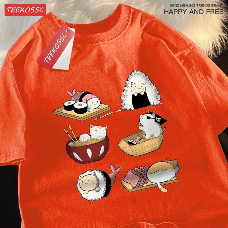 Cute Funny Sushi Cat Printing Mens T-shirts Hip Hop Oversize T-Shirt Fashion Summer Tops Casual Loose Couple T Shirts Soft New X250607