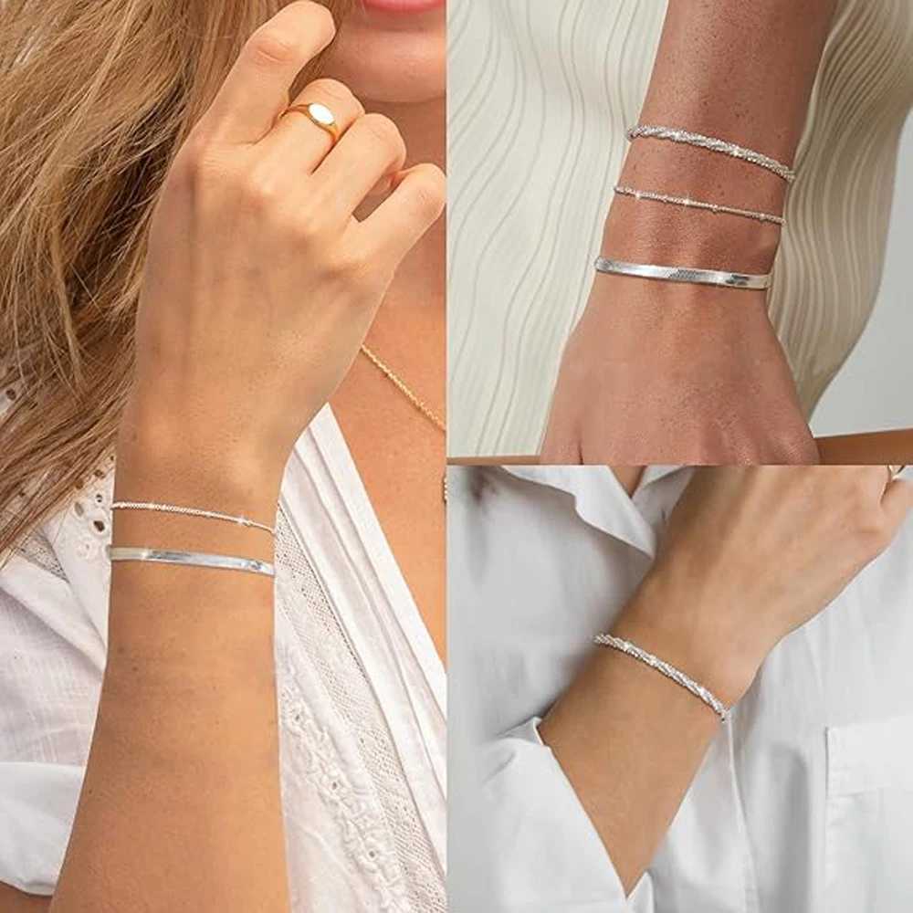 925 Sterling Silver Bracelets for Women Layered Dainty Link Chain Bracelet Adjustable Stackable Beaded Bracelets for Women Girls W250606