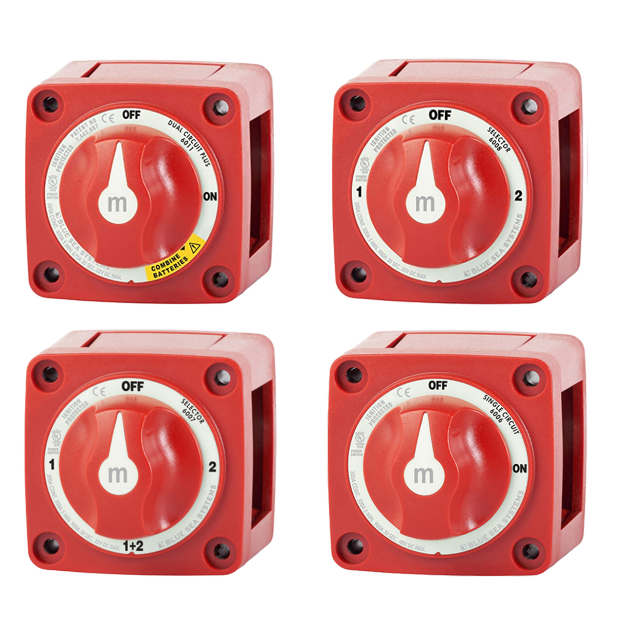 Compact Marine Red Battery Selector Switches (Series 6006M through 6011M) Equipped With Integrated Self Tapping Mounting Hardware