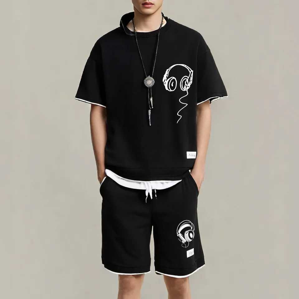 Summer fashion printed sportswear high quality mens comfortable shorts 2-piece set of fitness jogging casual clothing W250609