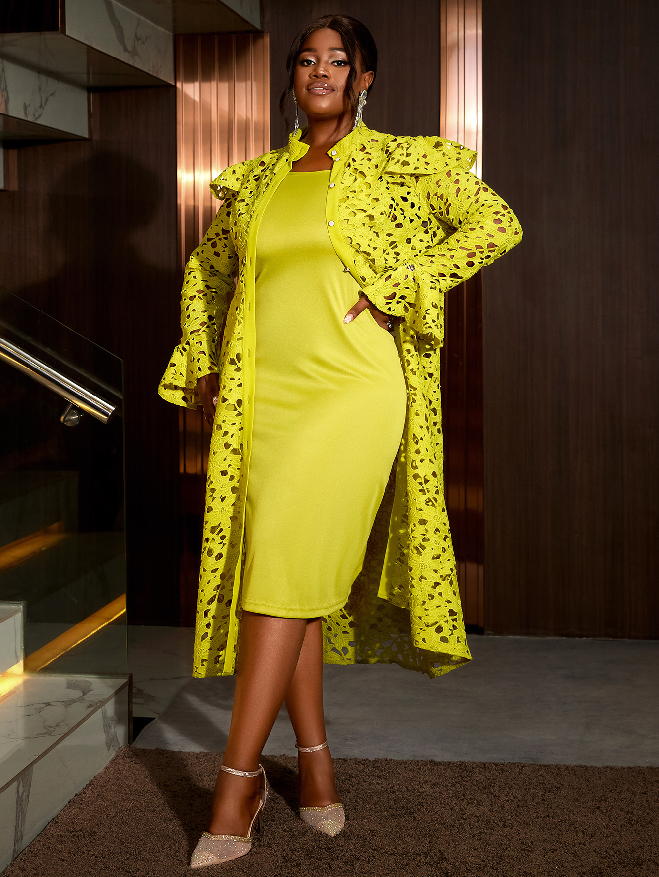 Elegant Women Plus Size Yellow Green Two Piece Sets Cutout Lace Straight Dress Full Trumpet Sleeve Stand Collar Midi Length Daily Wear AM040851SET