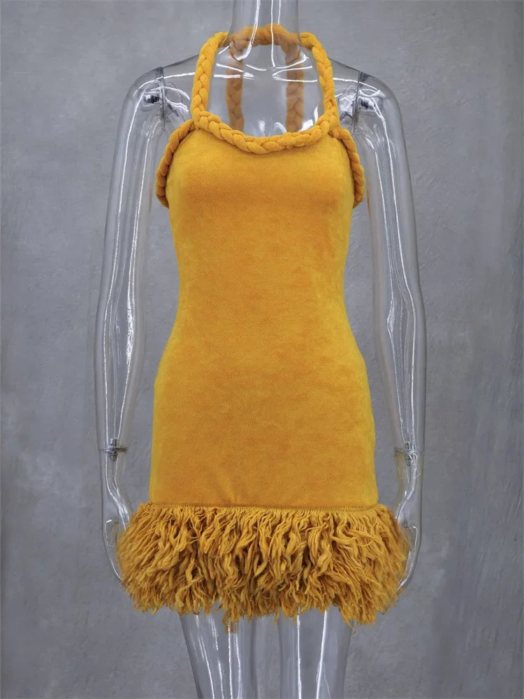 Leosoxs Fluff Patchwork Dress Women Halter Extra-Long Bandage Sleeveless Backless Autumn Trend Party Clubwear Mini Bodycon 250605