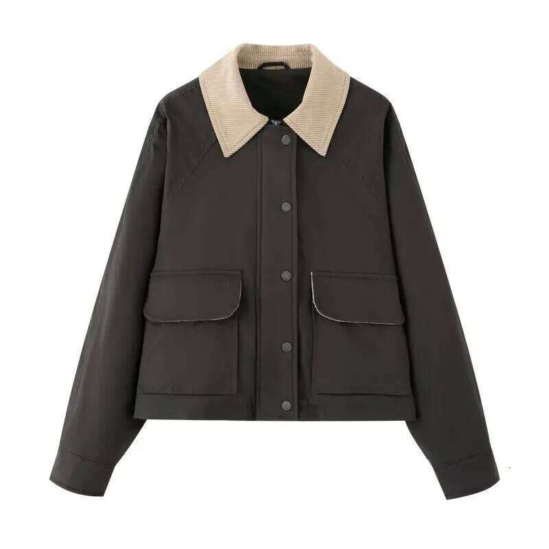 UNIZERA women's with loose contrasting color collar and waxed leather lapel exuding a spring style new jacket