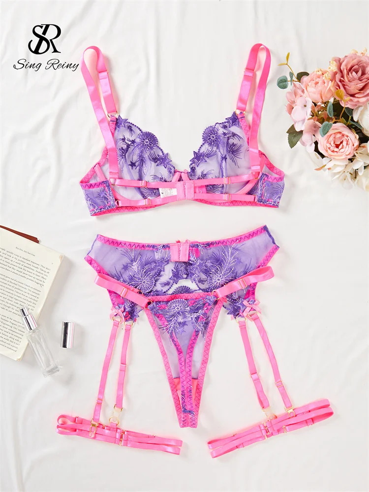 SINGREINY Fashion Star Embroidery Erotic Bra Suits Garter Strap Bodycon Sleepwear Women Patchwork Sexy Sheath Underwear Sets 250603
