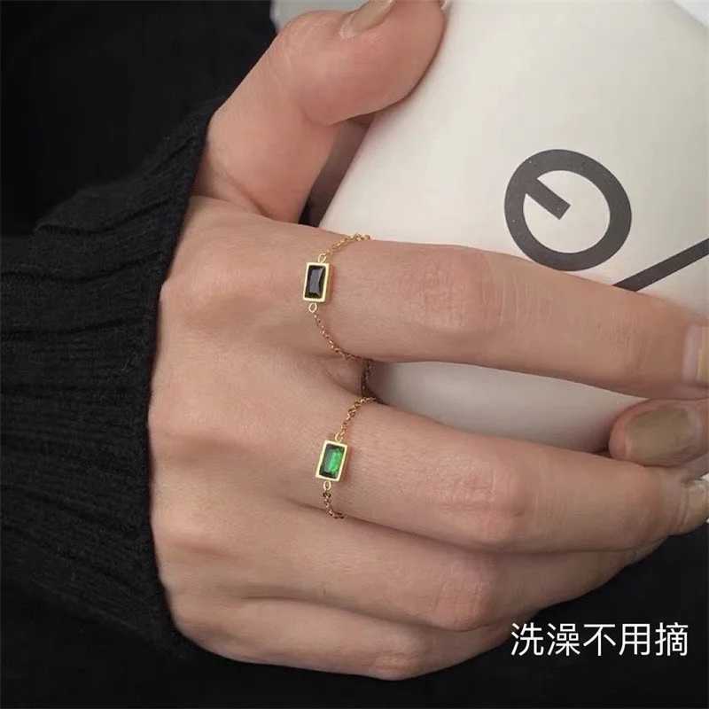 (Titanium Steel) New Green Zirconia Chain Ring Retro High-end Light Luxury Index Finger Ring Adjustable Pull-out Ring W250606