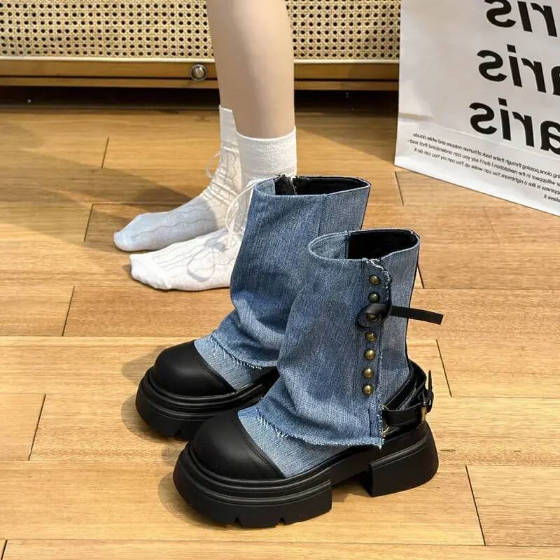 Ddmyoutdoor Women British Fashion Pants Leg New Thick Soled Rivet Zipper Belt Buckle Platform Anti Slip Cowboy Short Boots Outdoor Shoes