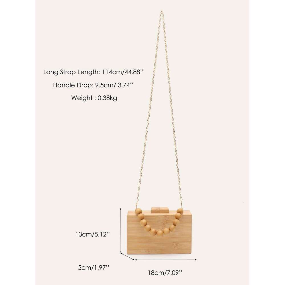 CR Summer Vacation Women's Fashion Elegant Bamboo Clutch Square Handbag Wood Beaded Handle Long Chain Cross Body Evening Purse