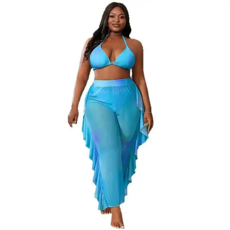 Color Solid Plus Size Split Swimsuit Womens Bikini Three Piece Set Sexy Gathering Pants Casual Y2k 250603