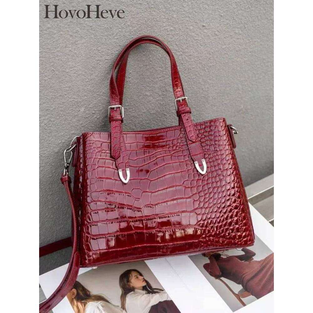 Retro New Women Office Bucket High Quality Genuine Leather Crocodile Pattern Handbag Ladies Satchels Shoulder Bag Casual Totes
