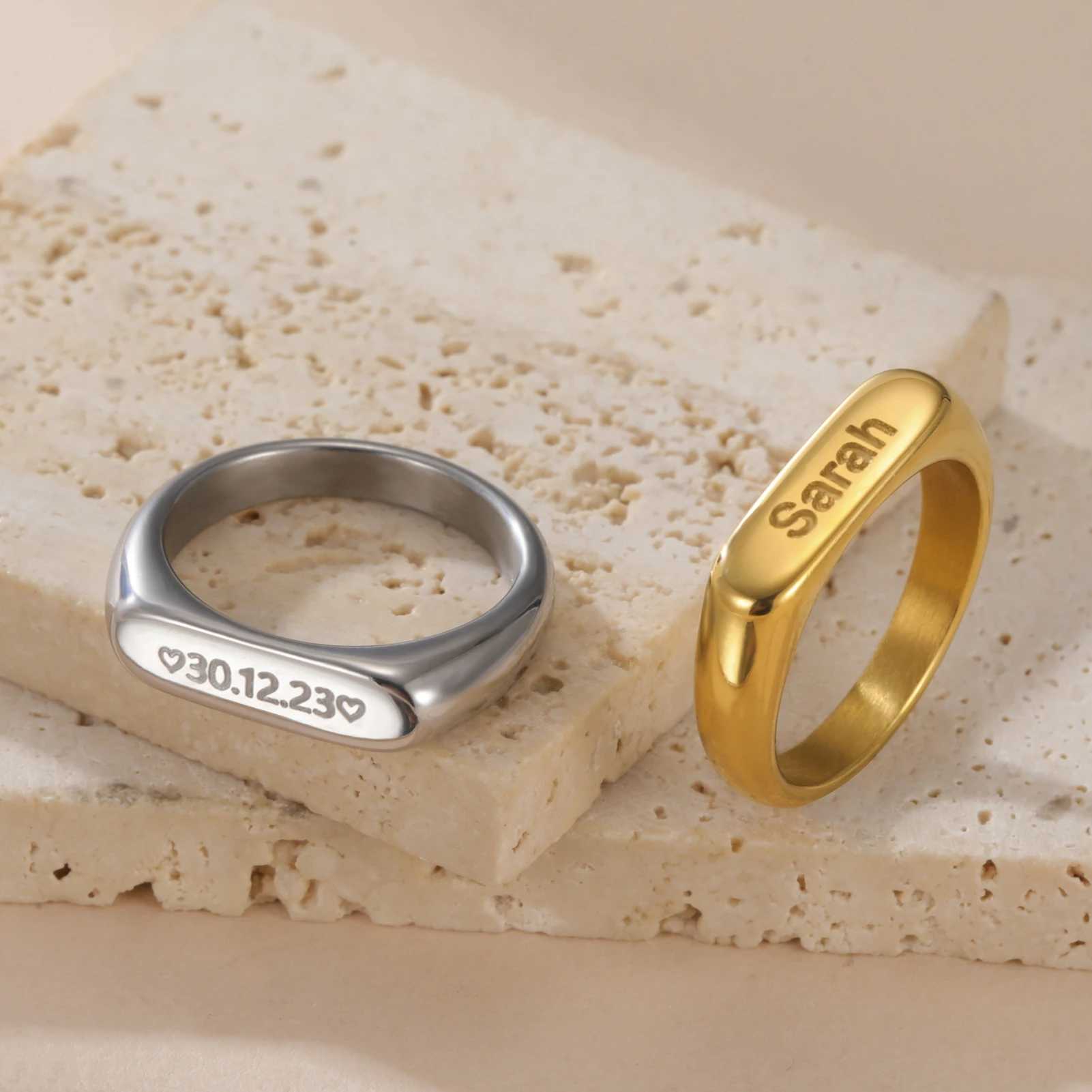 COOLTIME Custom Engraved Name Men Ring Stainless Steel Personalized Signet Monogram Women Rings Jewelry Birthday Gift W250606