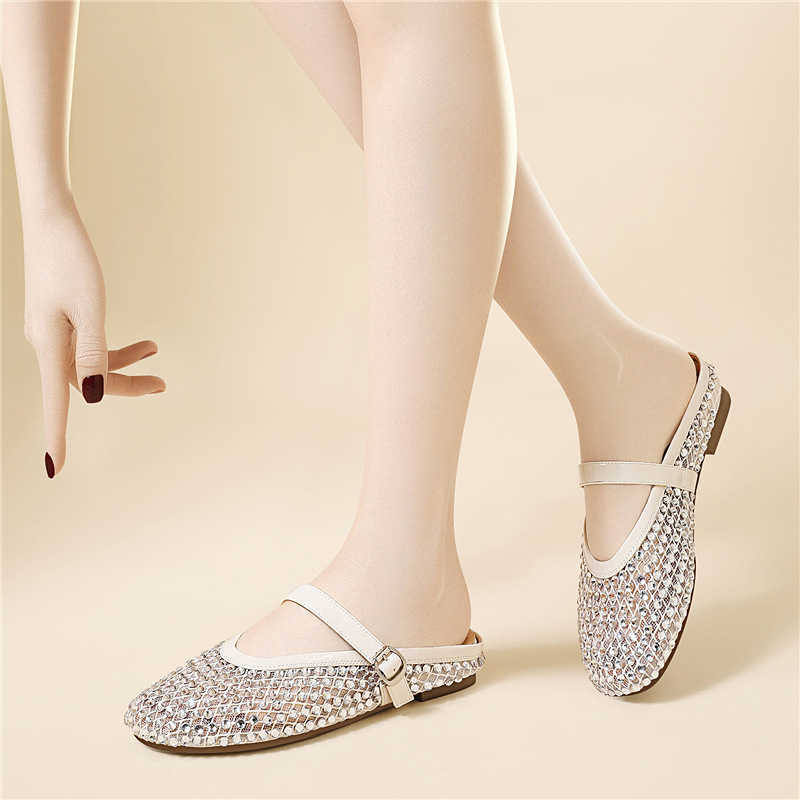 Fashion Mesh Rhinestone Runway Shoes Round Toe Mary Jane Shoes Breathable Flat Ballet Flats For Women Summer