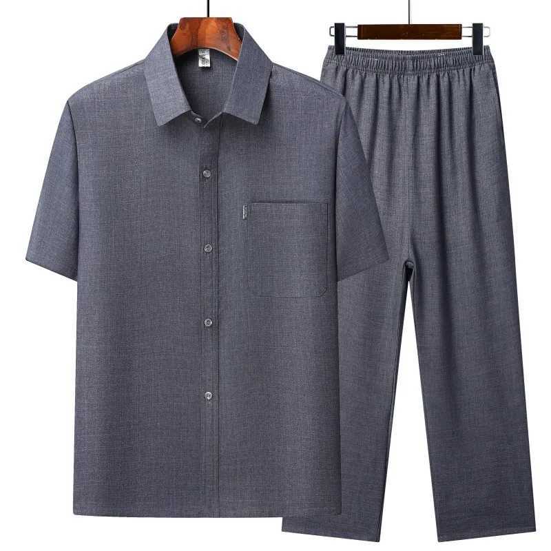 Tang Suit Summer Mens Chinese Style Solid Color Short-Sleeved Suit Casual Fashion Cotton Linen Shirt + Pants 2-Piece Set W250609