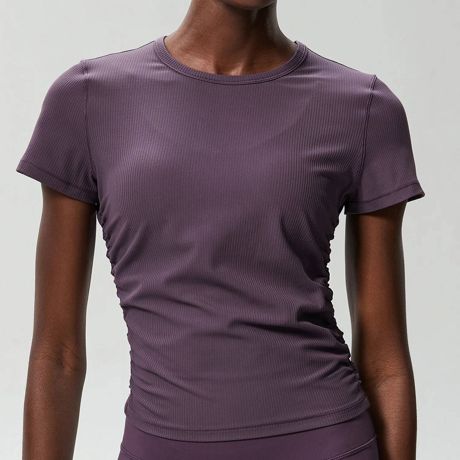 Women Short Sleeve Yoga T-Shirt Solid Color Slim Fit Ribbed Gym Top Breathable Quick Dry Running Sportswear Workout Clothes