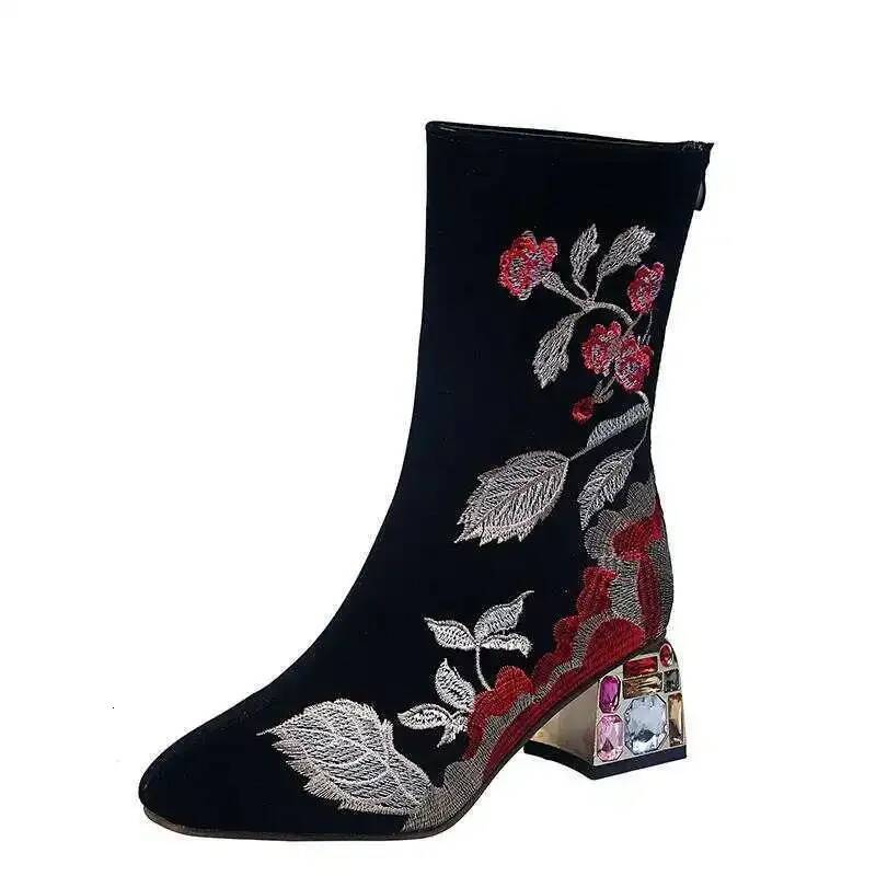 Ddmyoutdoor New Fashion Winter Women Embroidered Mid Calf Plush Motorcycle Boots Zipper Square Heel Warm Ladies Botas Mujer Yu Outdoor Shoes