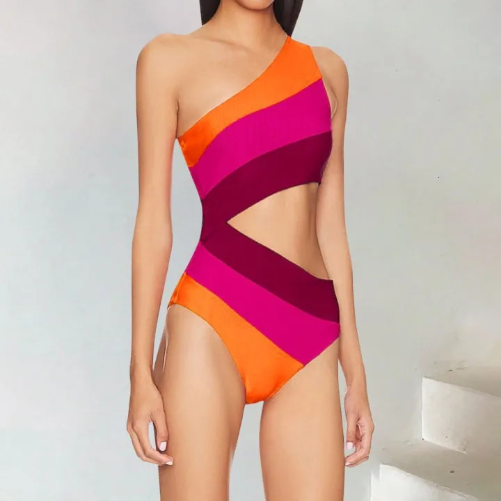 Cutout Color Block Swimwear WomenS Swimsuit One Shoulder Bathing Suit Women 2024 Beach Strappy Bikini 250530