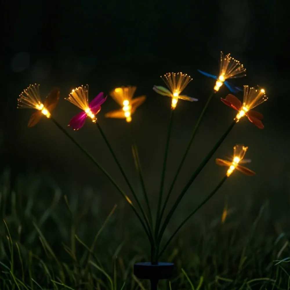 1PC 6Head Solar Large Flower Fiber Optic Ground Plug Light Suitable for Courtyard Garden Lawn Outdoor Camping Party Decoration W250607