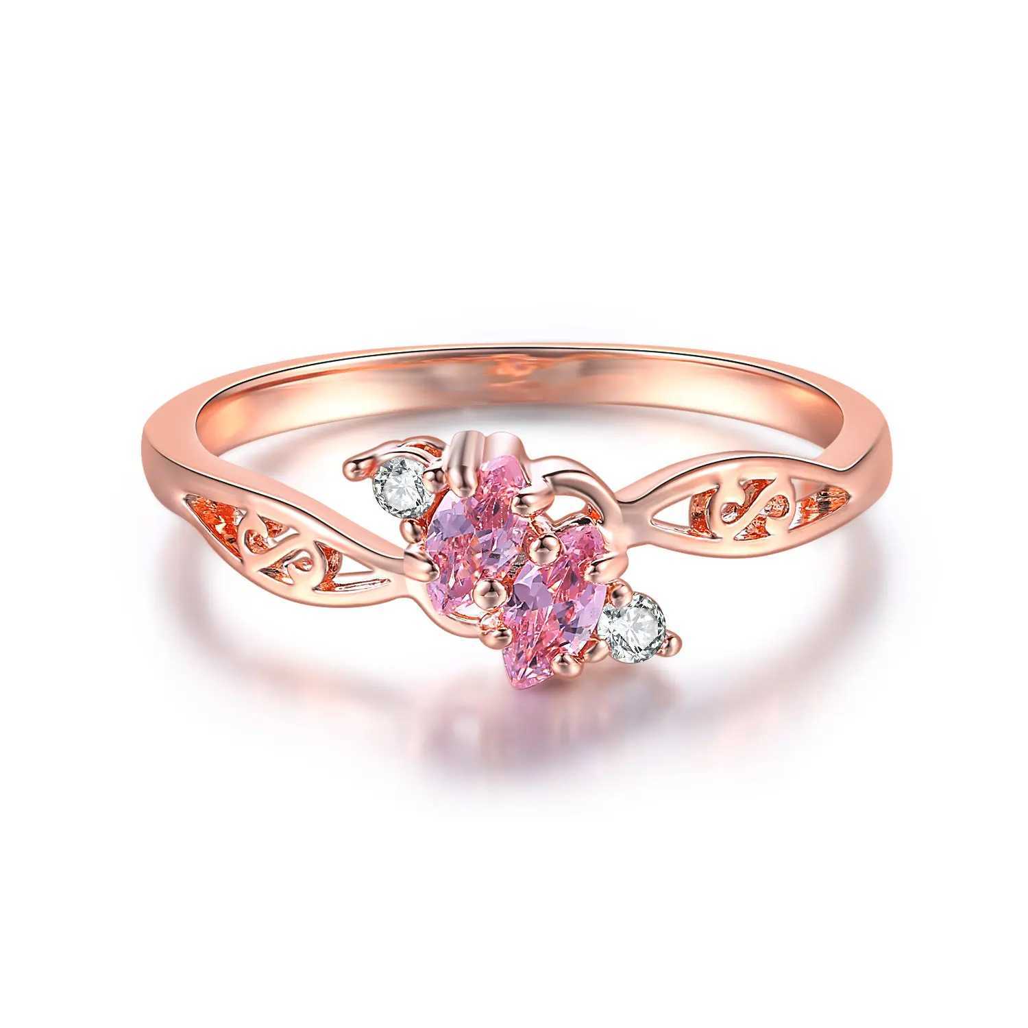 Delicate Pink Crystal Dainty Rings for Women Hollow Out Rose Gold Color CZ Princess Promise Dating Ring Fashion Jewelry R671 W250606