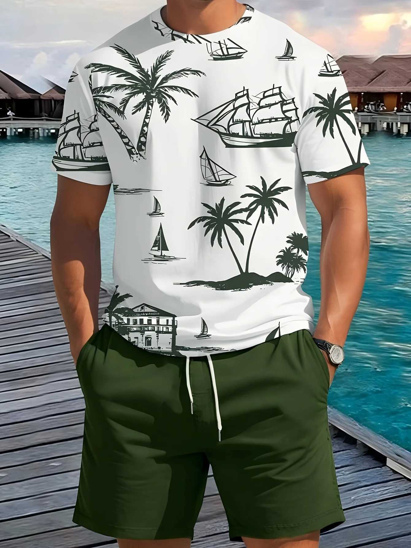 Summer Casual Daily Mens Short Sleeve Shorts Set Hawaiian Printed Mens T-Shirt Outdoor Sports W250609