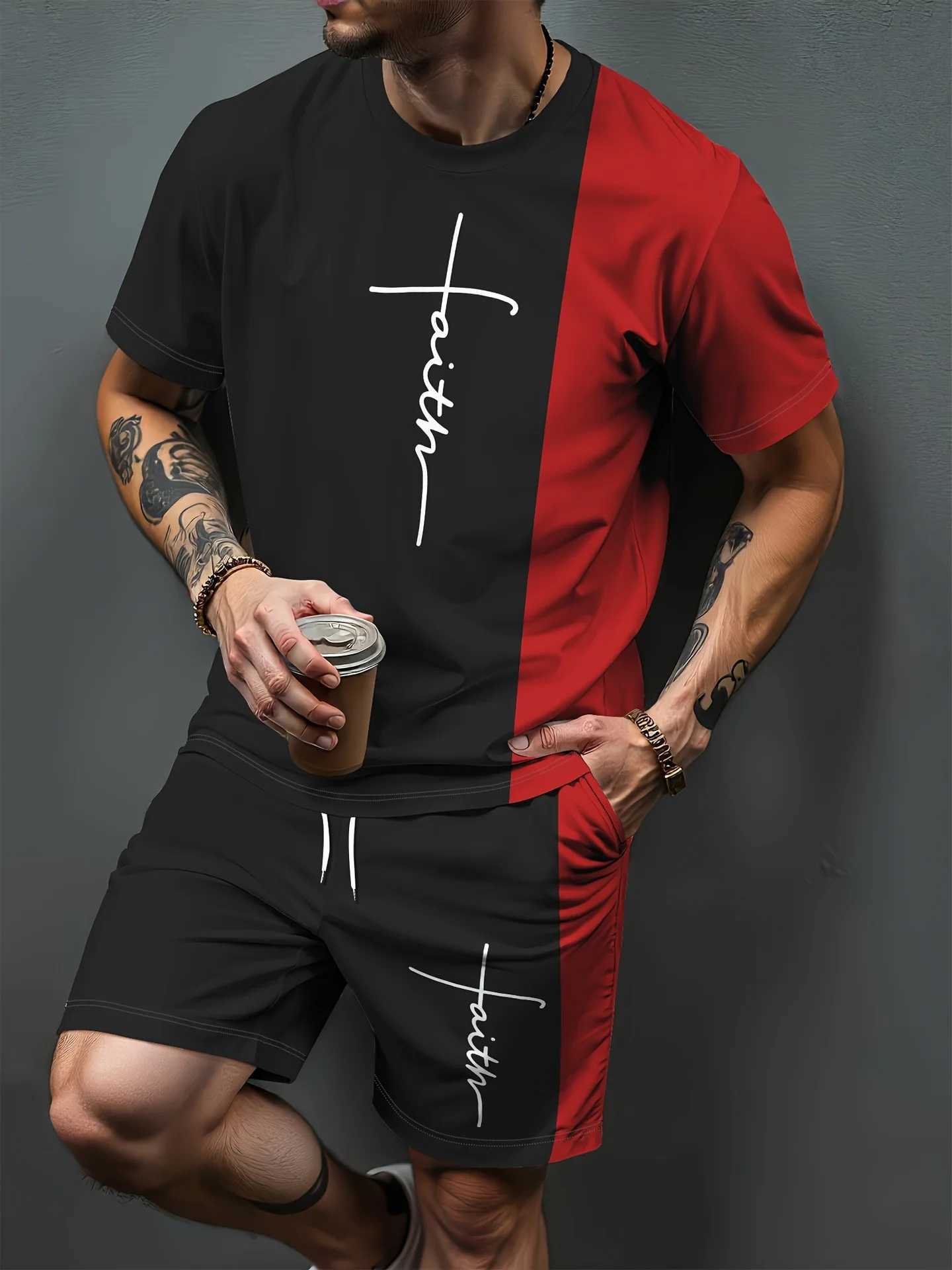 Retro Printed Mens T Shirt And Shorts Set Summer Trend Daily Urban Street Style Two Piece Round Neck Comfortable Outfit For Men W250609