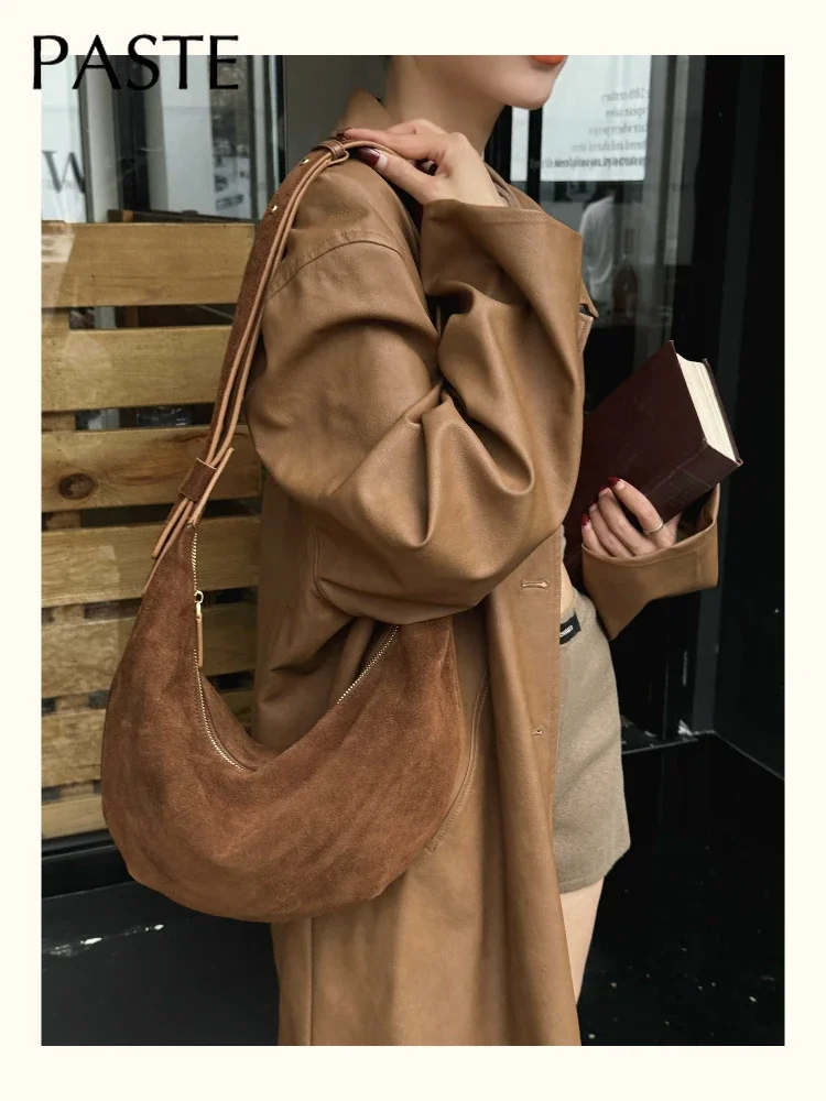 New Autumn Winter Frosted Cowhide Hobo Tote Adjustable Handle Camel Coffee Color Genuine Suede Leather Women Armpit Shoulder Bag