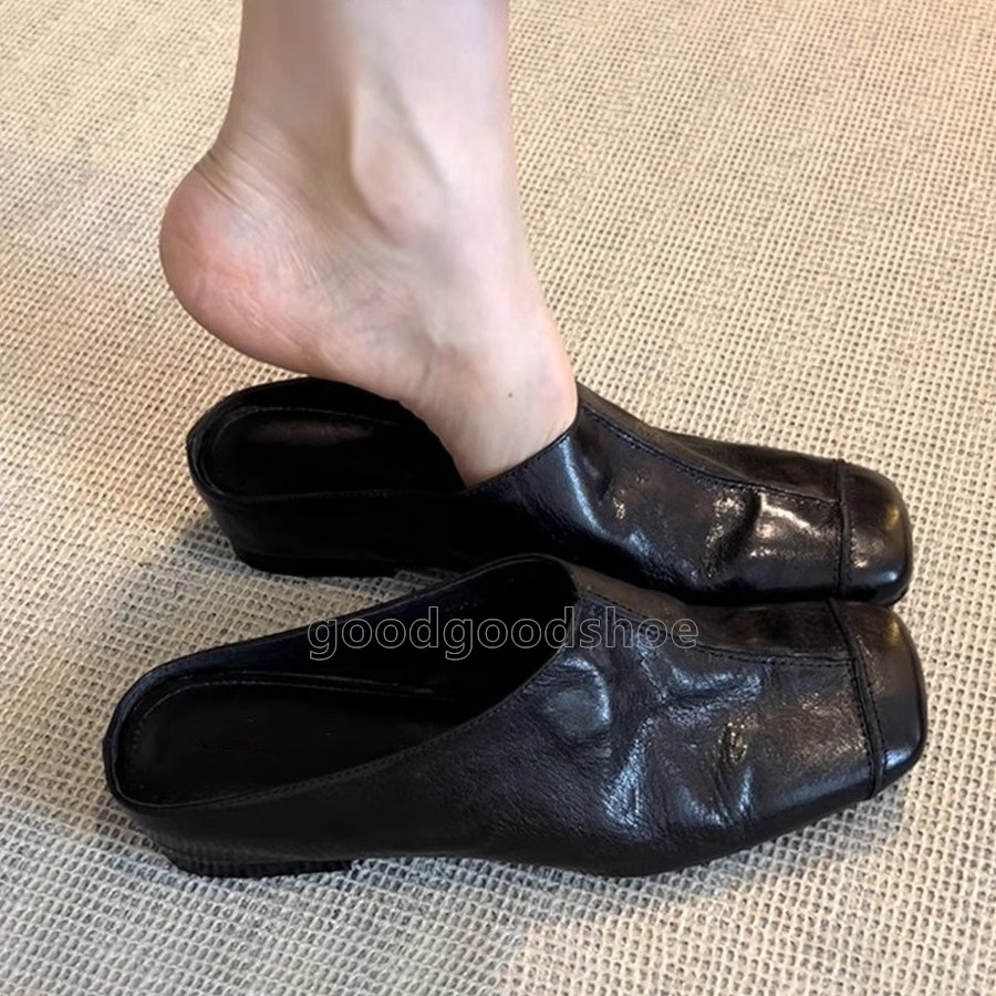 Mid heels sandals famous designer women Soft leather Half slippers Retro casual womens sandals Covered-toe sliders Comfort Lazy shoes outdoor Anti-sli