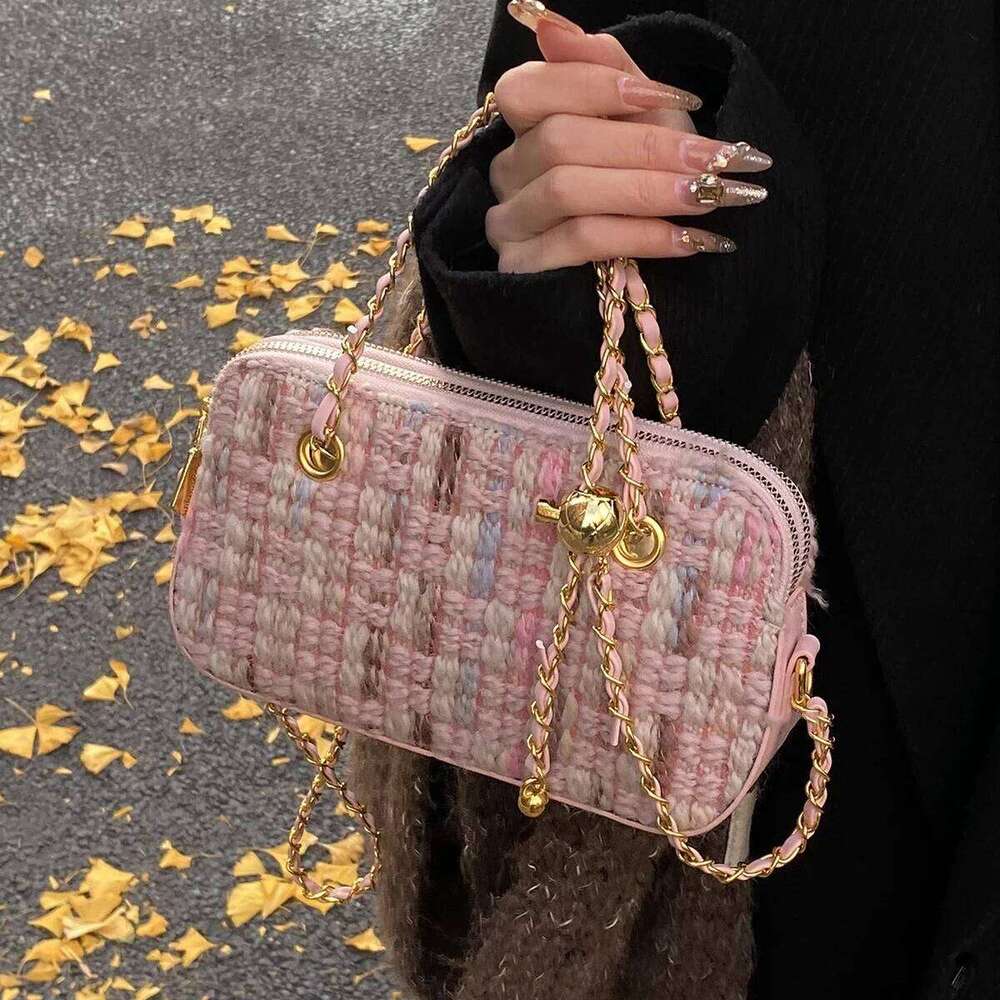 Elegant Women Pink Tweed Shoulder Bag Contrast Color Soft Crossbody Chain Bags Large Capacity Female All-Match Evening Packs