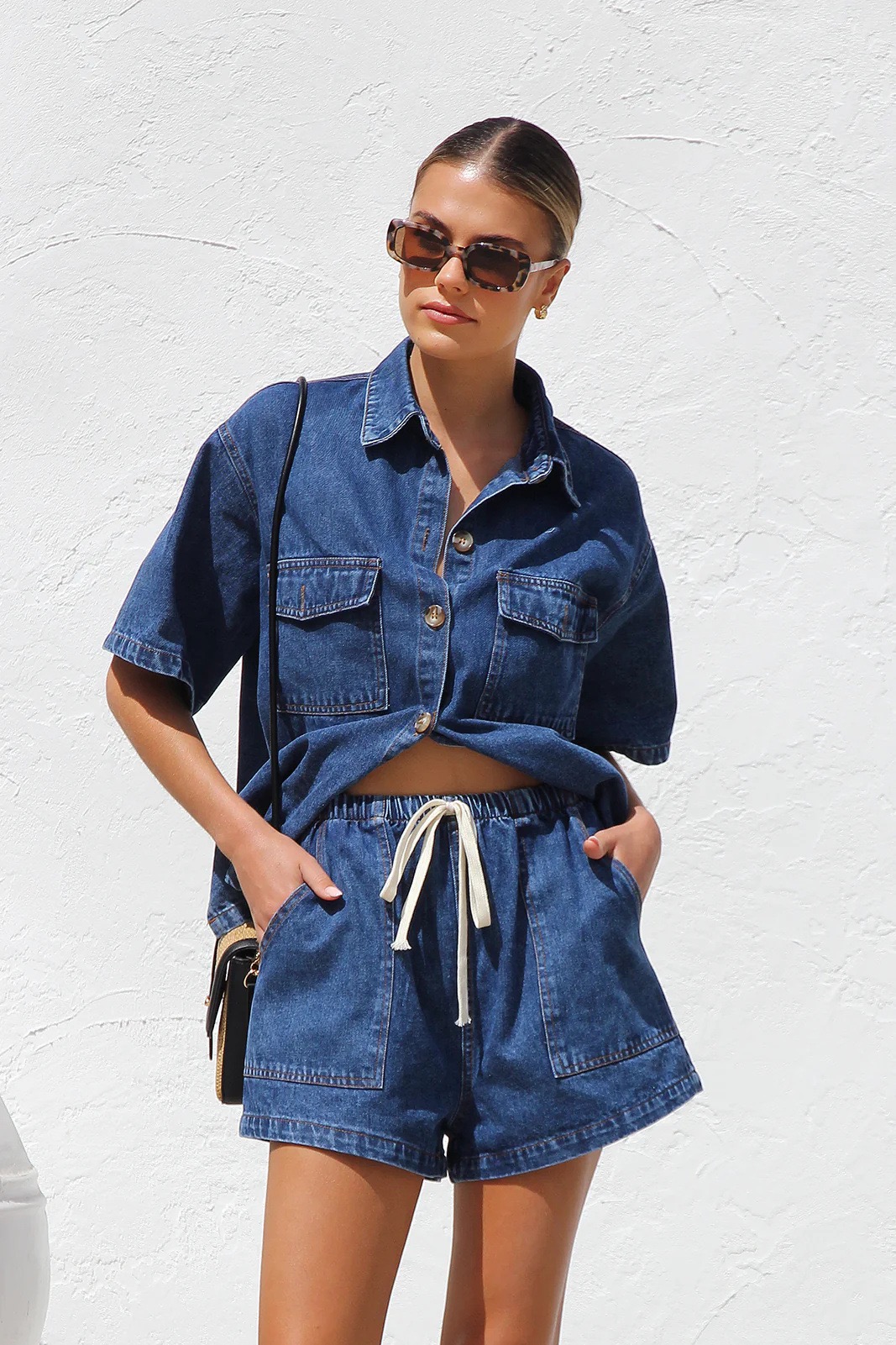 Summer European and American foreign trade women's clothing casual loose pocket short-sleeved shirt denim two-piece set
