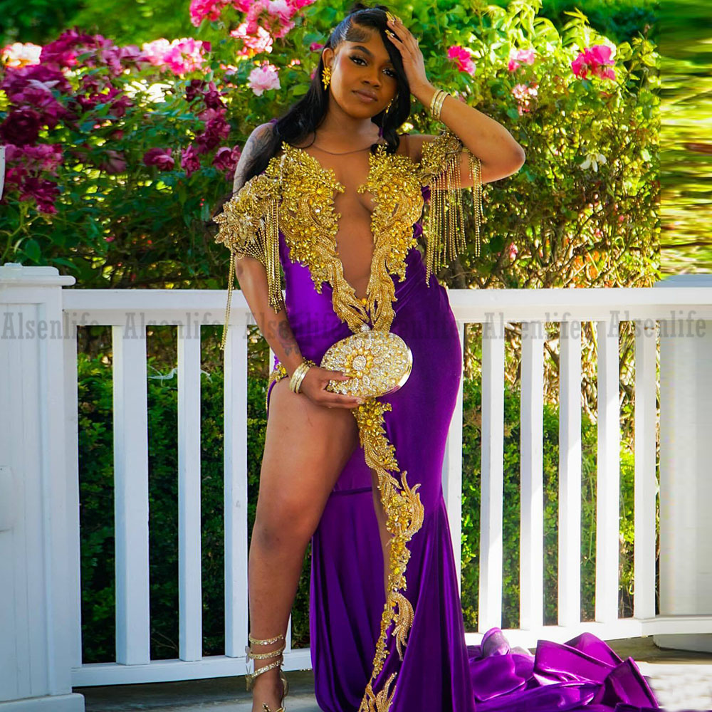 Purple Mermaid Prom Dresses 2K25 Crystals Diamonds Split Birthday Party Gowns Tassel Evening Gown