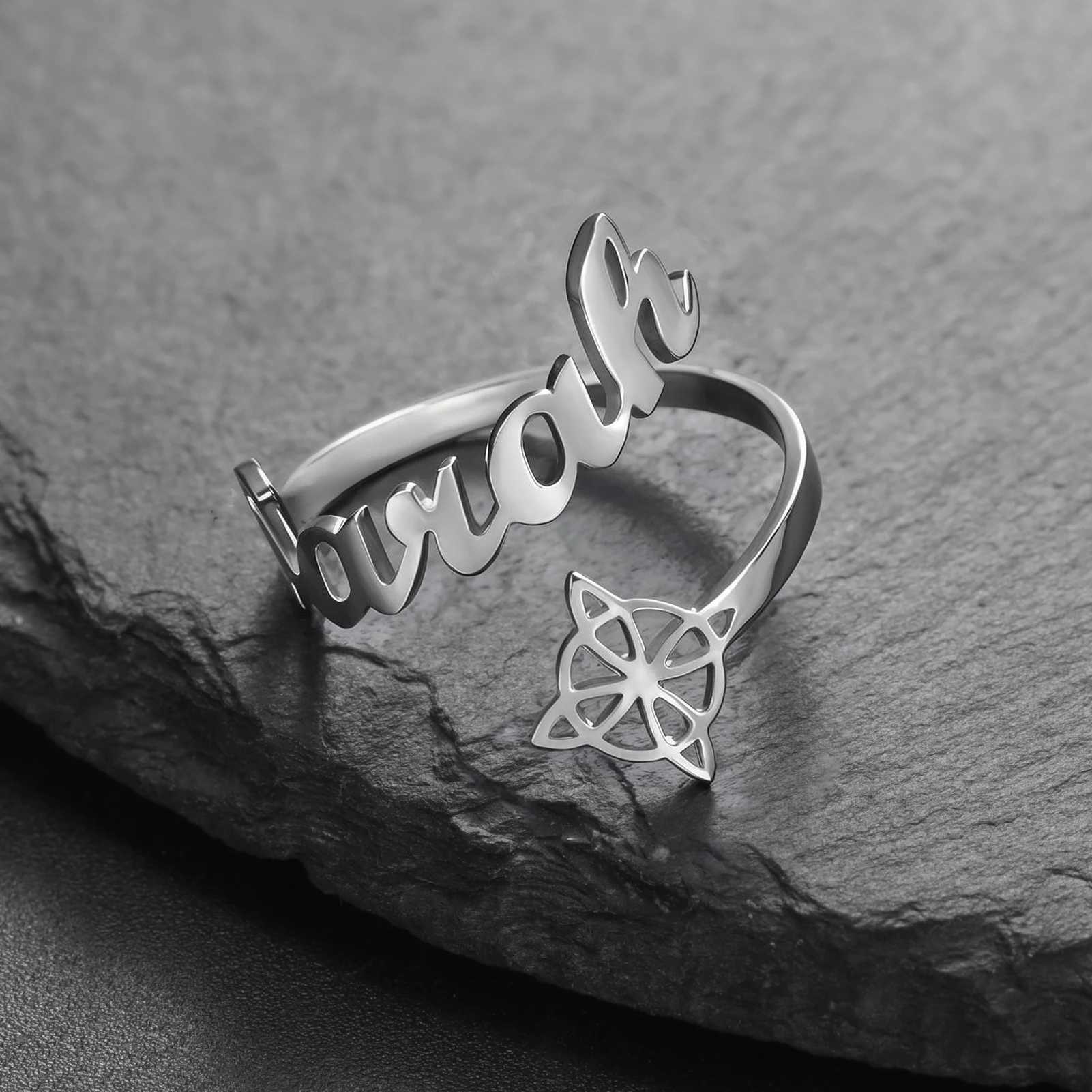 COOLTIME Customized Name Witch Knot Ring Stainless Steel Personalized Irish Couple Ring Amulet Jewelry Gift Womens Rings W250606