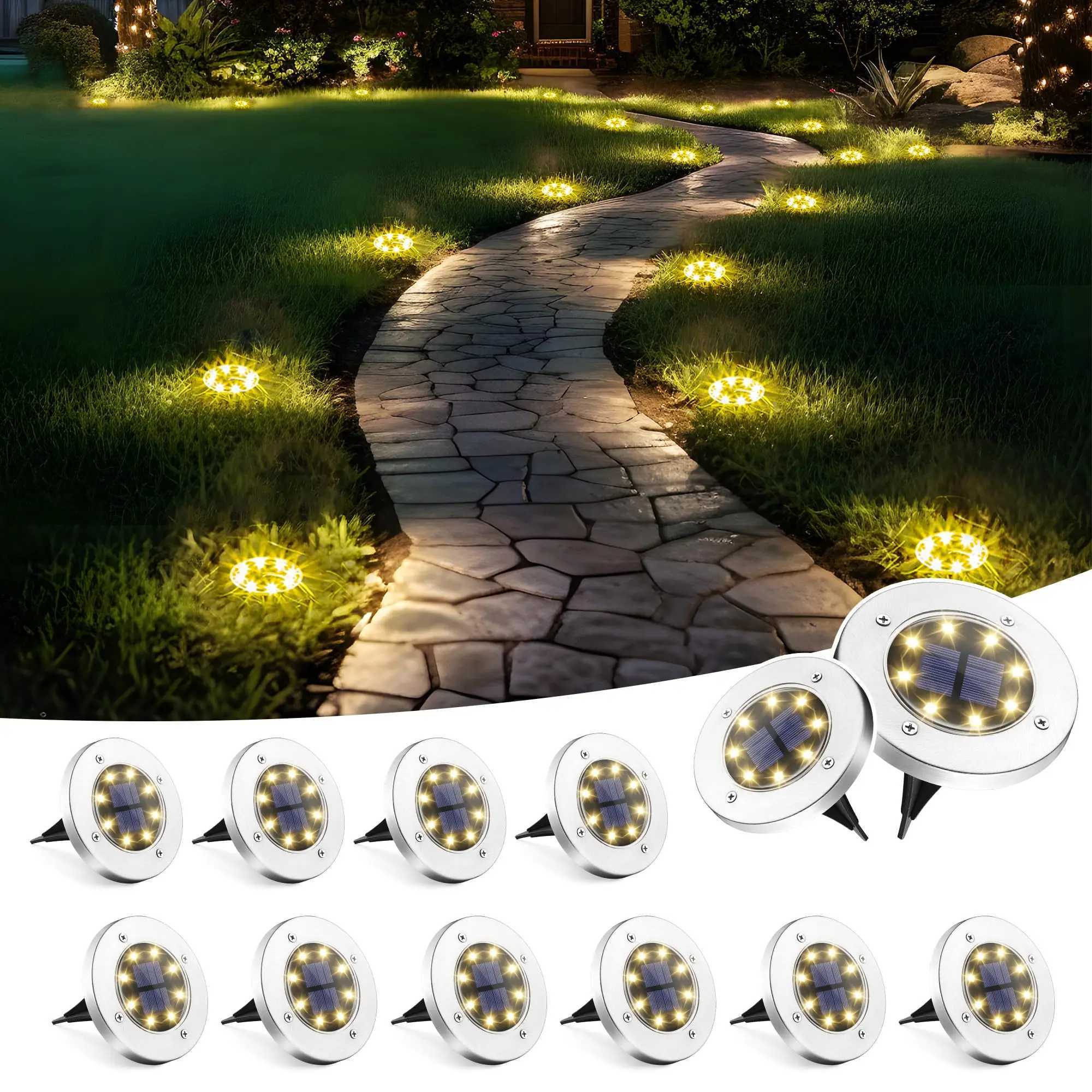 8LED Solar Garden Lights Outdoor Waterproof Sidewalk Disk Bright In-Ground Landscape Lighting for Lawn Patio Pathway Yard Steps XJ250606