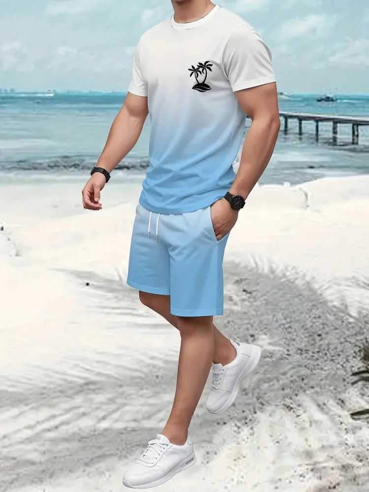 2025 New Mens Fashion Short Sleeve Set Coconut Tree Beach Print Gradient Color Summer Short Sleeve Shorts 2 Pieces Vacation W250609
